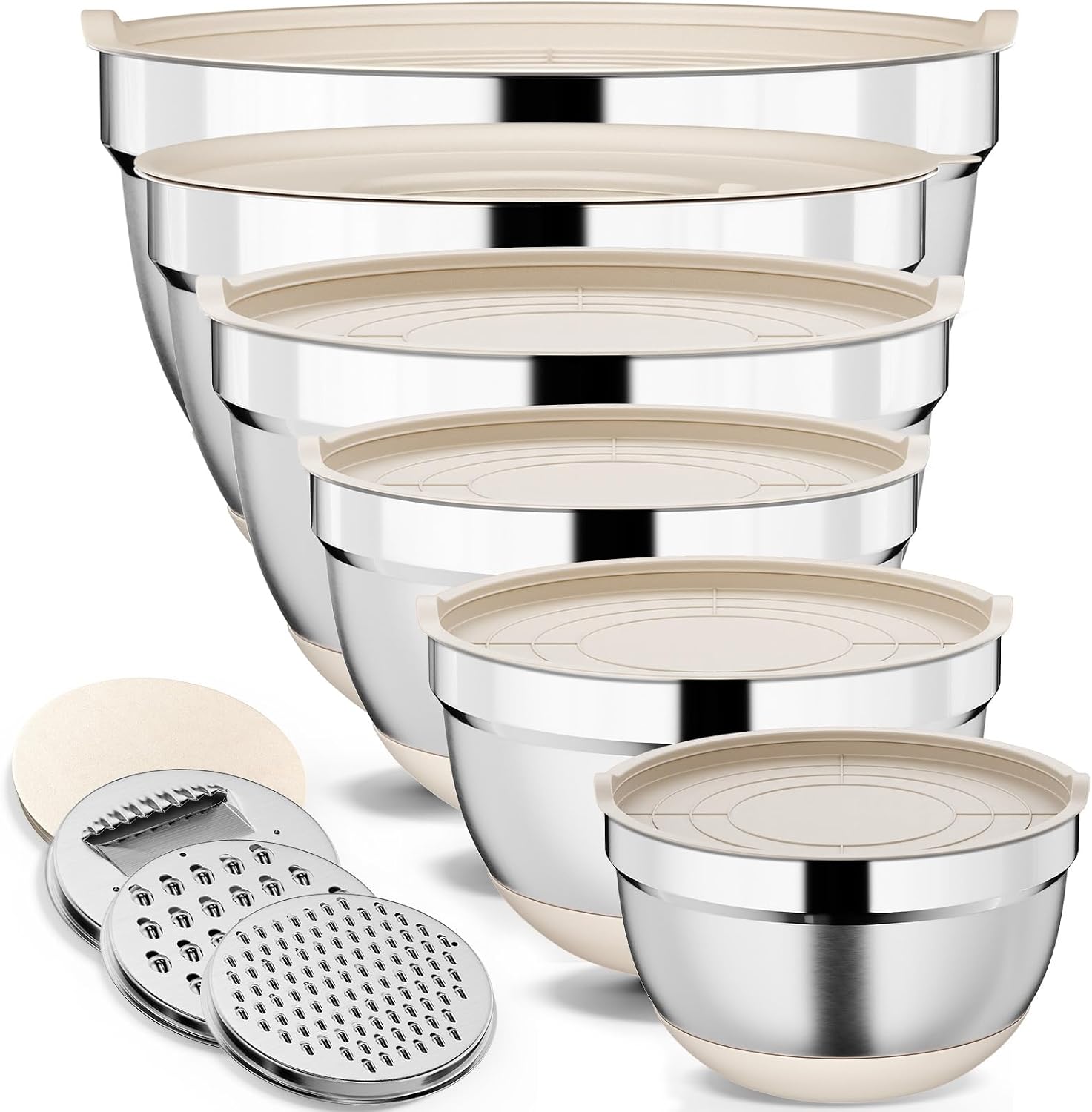 71qkV7wA3KL._AC_SL1500_ 9 Pack Mixing Bowls with Airtight Lids & Grater Attachments, Khaki - Image 1
